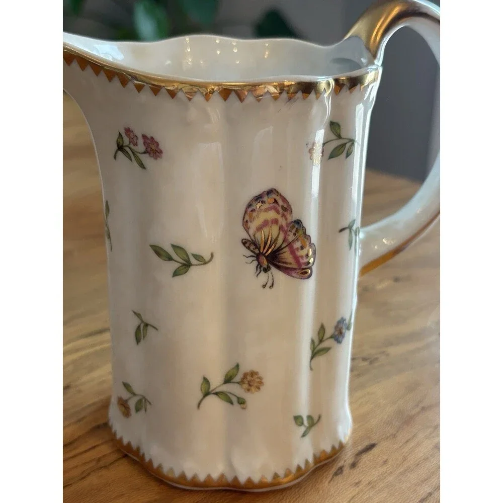 Vintage Godinger & Co. Primavera Porcelain Butterfly White Pitcher Gold Trim 7